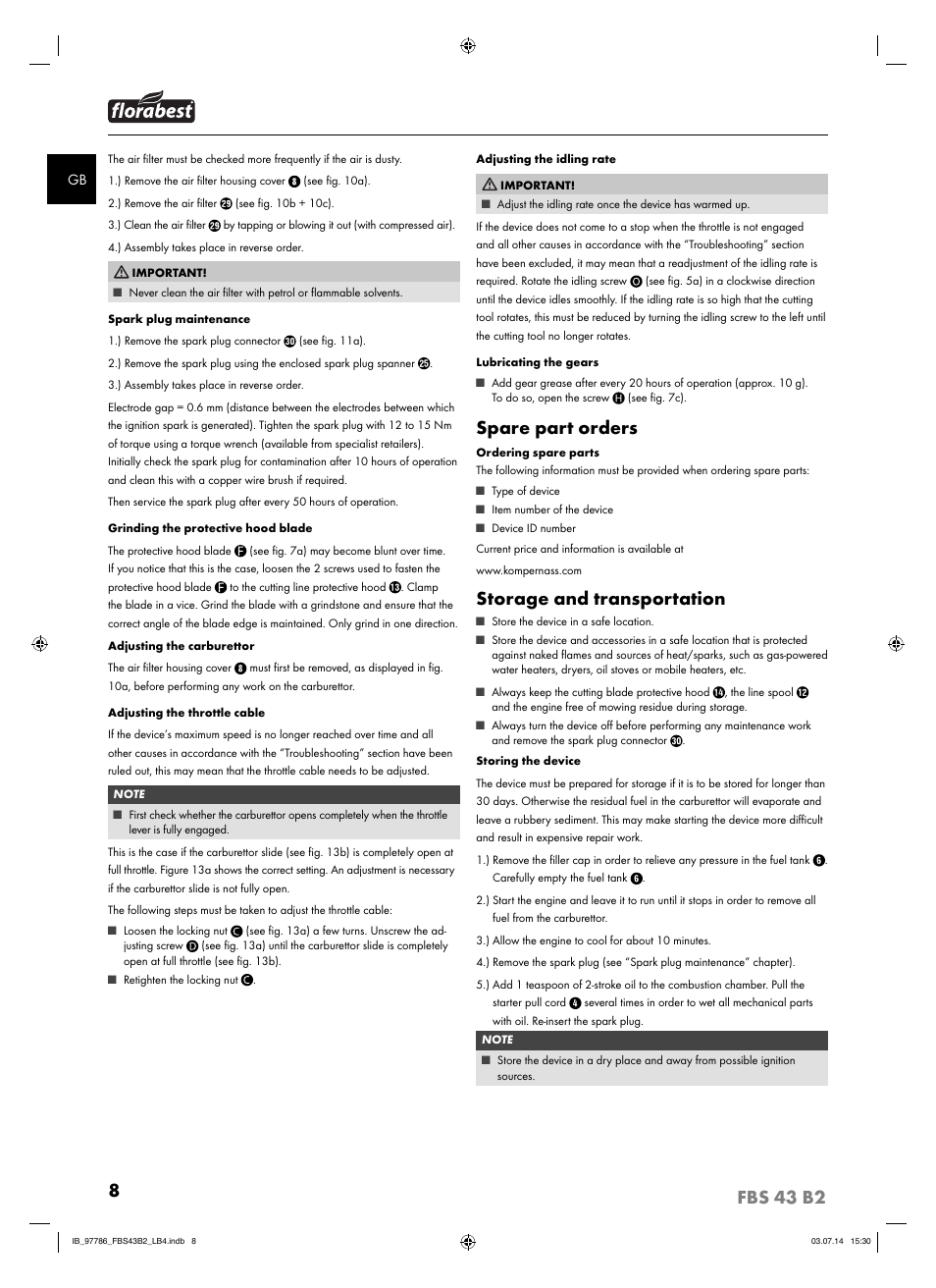 8fbs 43 b2, Spare part orders, Storage and transportation | Florabest FBS 43 B2 User Manual | Page 13 / 76