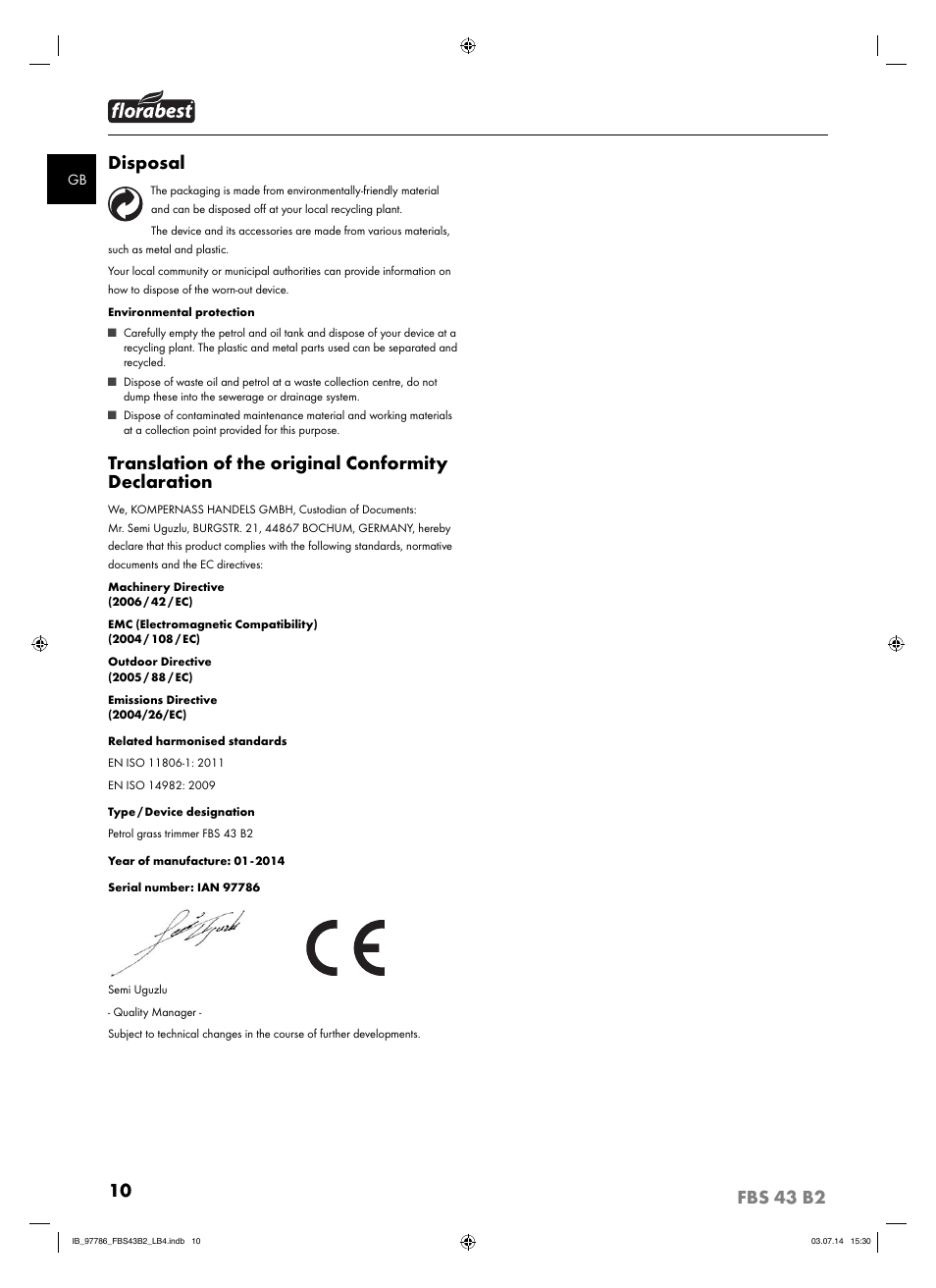 Disposal, Translation of the original conformity declaration | Florabest FBS 43 B2 User Manual | Page 15 / 76