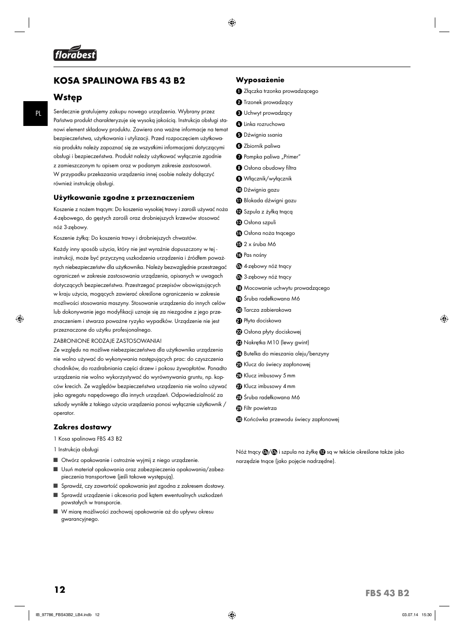 Kosa spalinowa fbs 43 b2 wstęp | Florabest FBS 43 B2 User Manual | Page 17 / 76