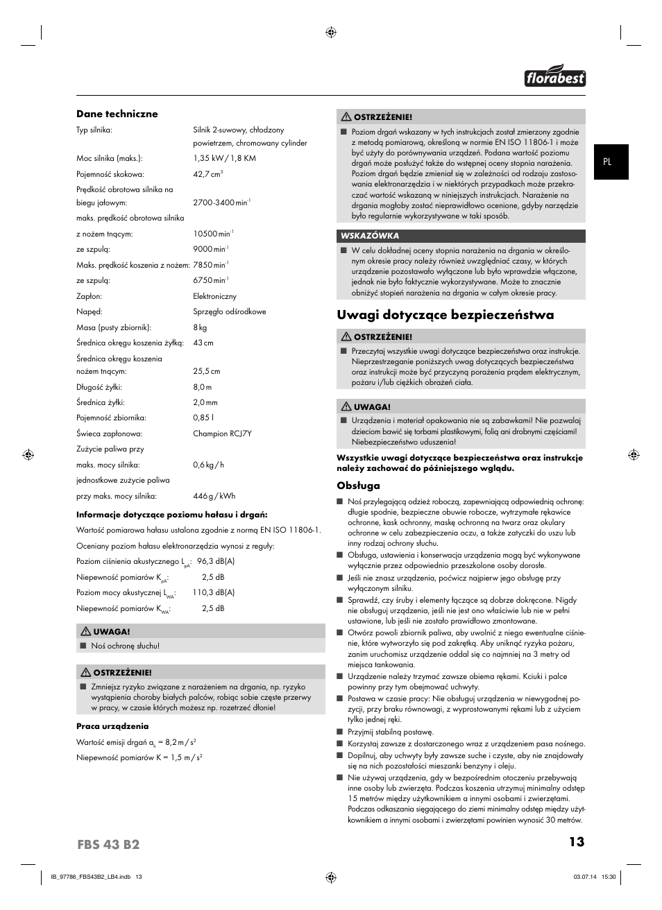 Uwagi dotyczące bezpieczeństwa, Pl dane techniczne, Obsługa | Florabest FBS 43 B2 User Manual | Page 18 / 76