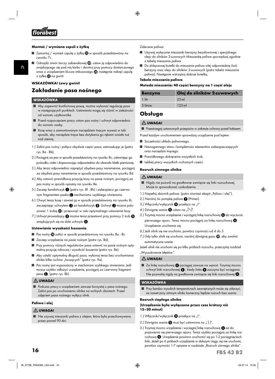 Zakładanie pasa nośnego, Obsługa | Florabest FBS 43 B2 User Manual | Page 21 / 76
