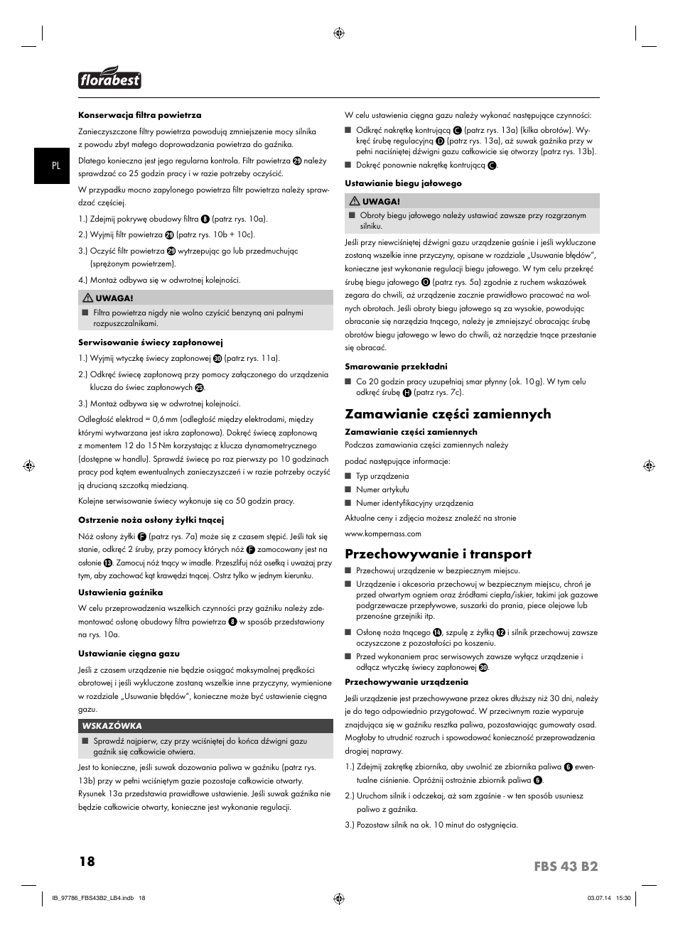 Zamawianie części zamiennych, Przechowywanie i transport | Florabest FBS 43 B2 User Manual | Page 23 / 76