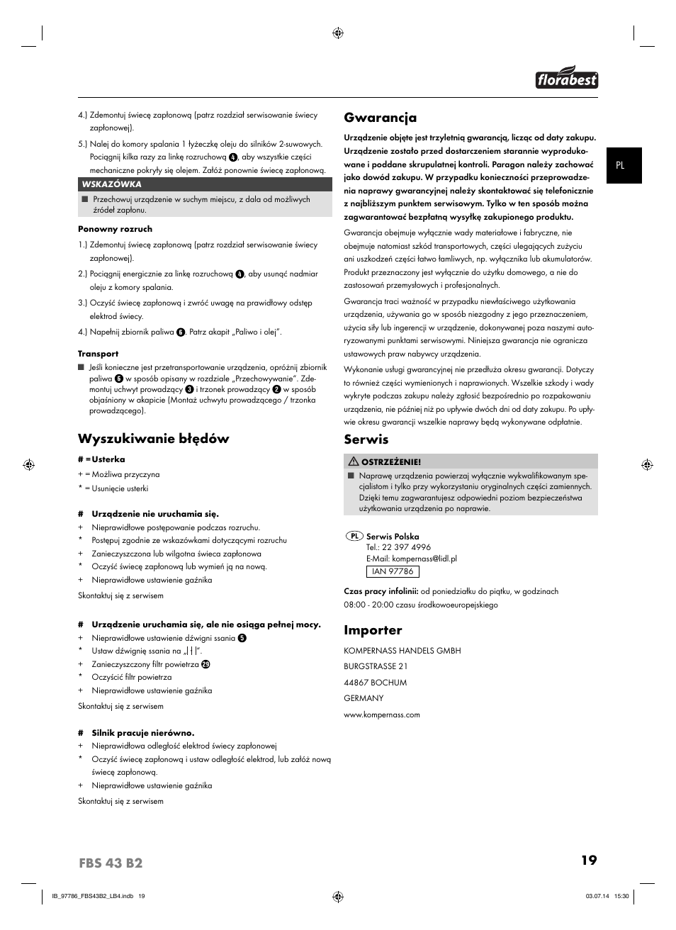 Wyszukiwanie błędów, Gwarancja, Serwis | Importer | Florabest FBS 43 B2 User Manual | Page 24 / 76