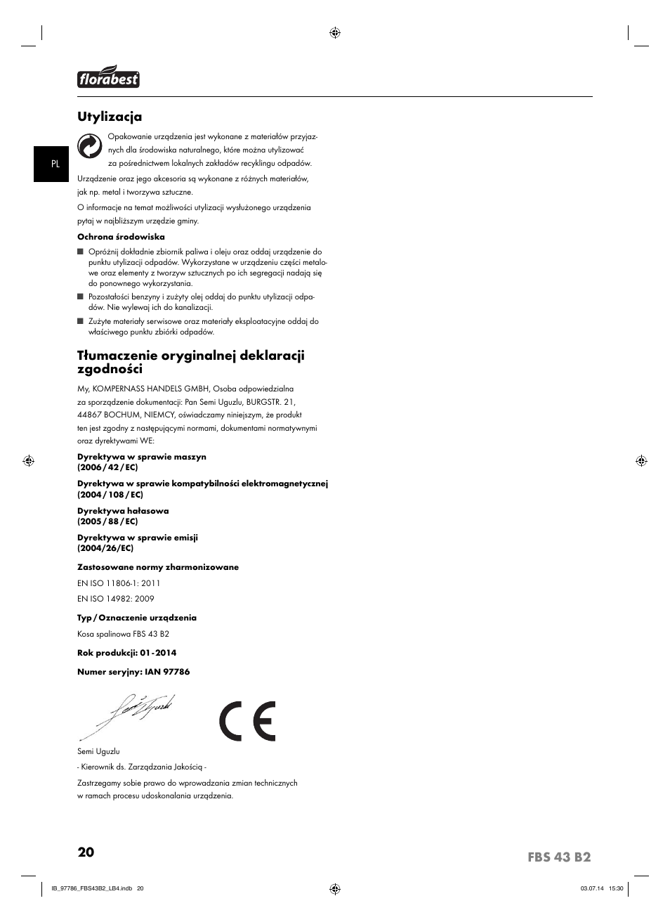 Utylizacja, Tłumaczenie oryginalnej deklaracji zgodności | Florabest FBS 43 B2 User Manual | Page 25 / 76