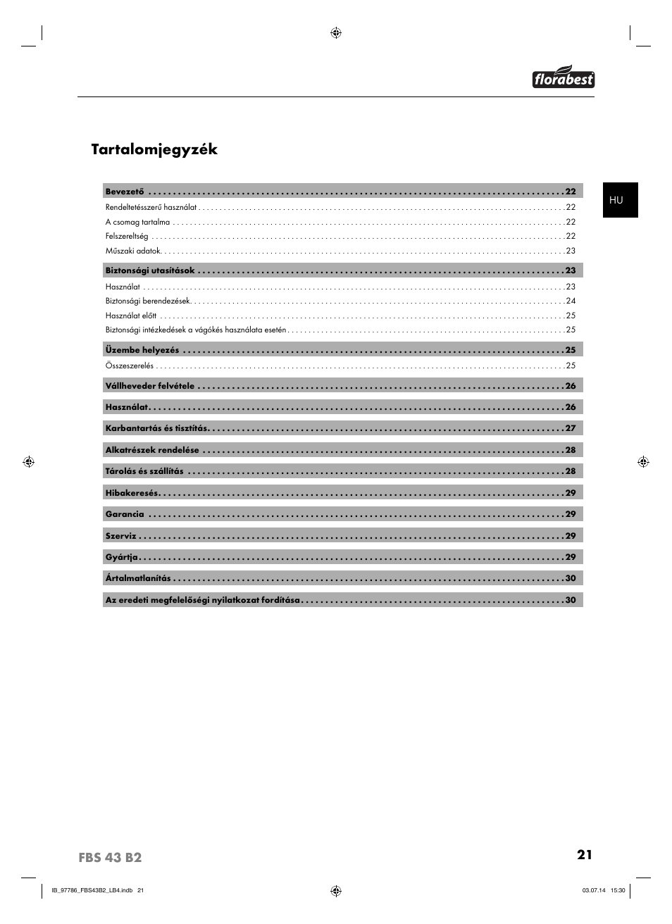 Tartalomjegyzék | Florabest FBS 43 B2 User Manual | Page 26 / 76