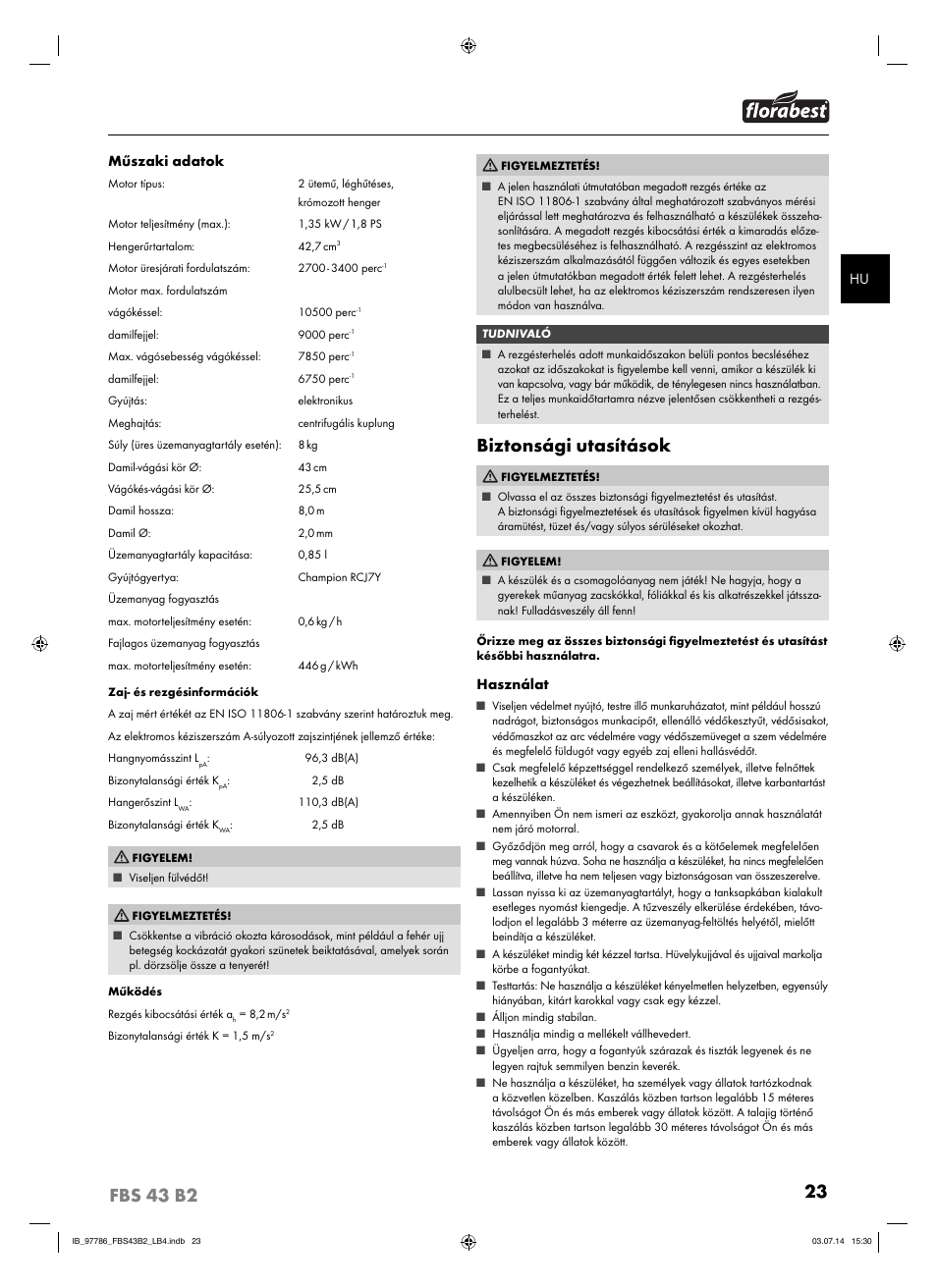Biztonsági utasítások | Florabest FBS 43 B2 User Manual | Page 28 / 76