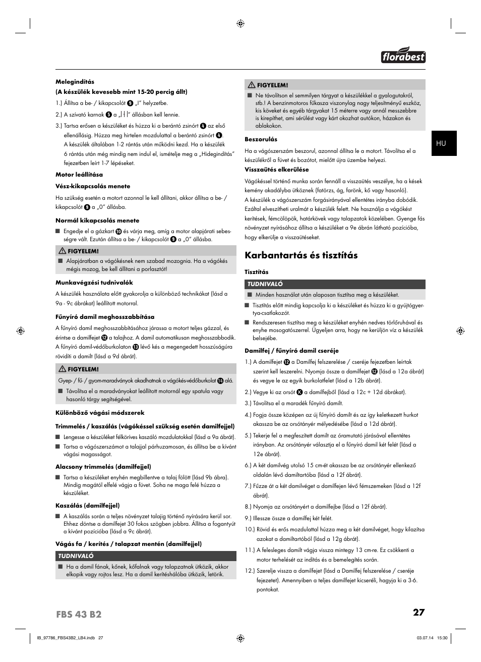 Karbantartás és tisztítás | Florabest FBS 43 B2 User Manual | Page 32 / 76