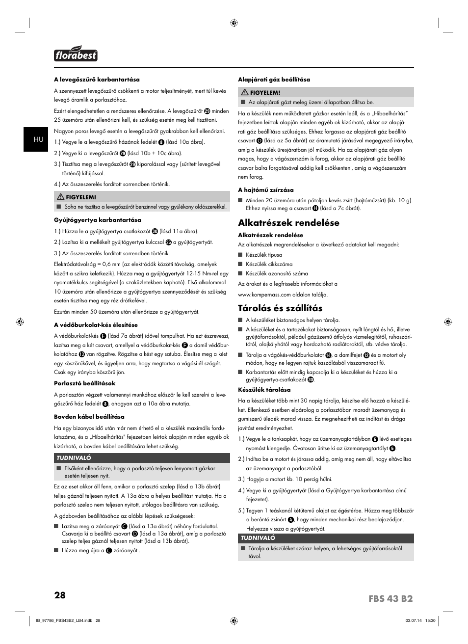 Alkatrészek rendelése, Tárolás és szállítás | Florabest FBS 43 B2 User Manual | Page 33 / 76