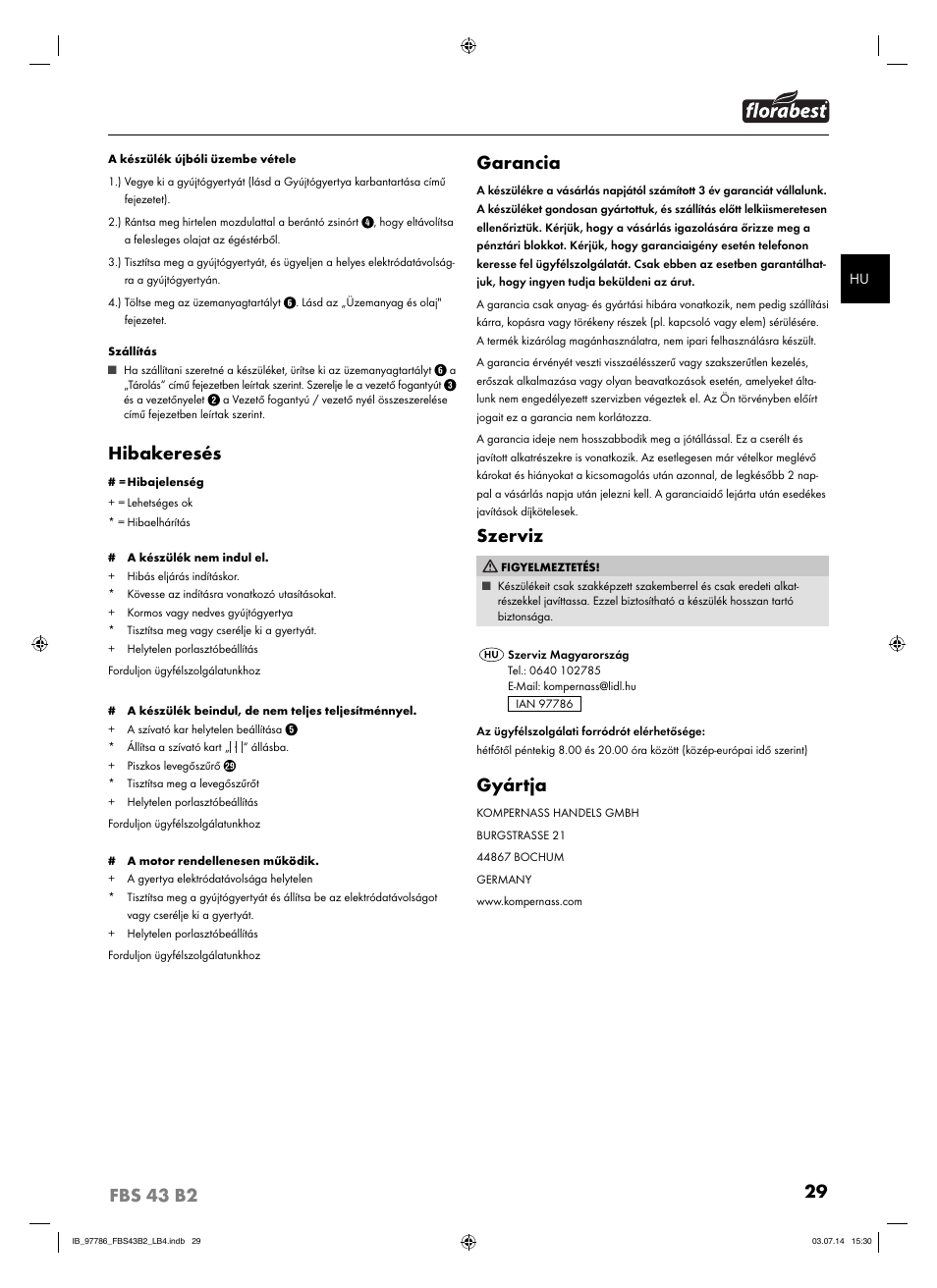 Hibakeresés, Garancia, Szerviz | Gyártja | Florabest FBS 43 B2 User Manual | Page 34 / 76