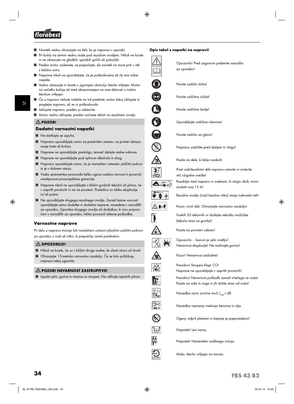 Dodatni varnostni napotki, Varnostne naprave | Florabest FBS 43 B2 User Manual | Page 39 / 76