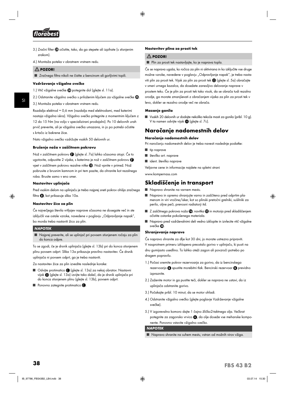 Naročanje nadomestnih delov, Skladiščenje in transport | Florabest FBS 43 B2 User Manual | Page 43 / 76