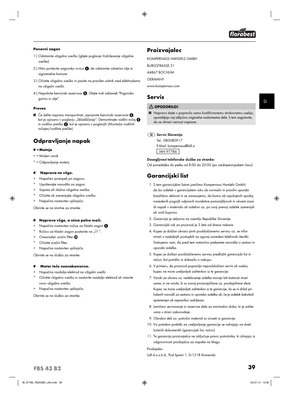 Odpravljanje napak, Proizvajalec, Servis | Garancijski list | Florabest FBS 43 B2 User Manual | Page 44 / 76
