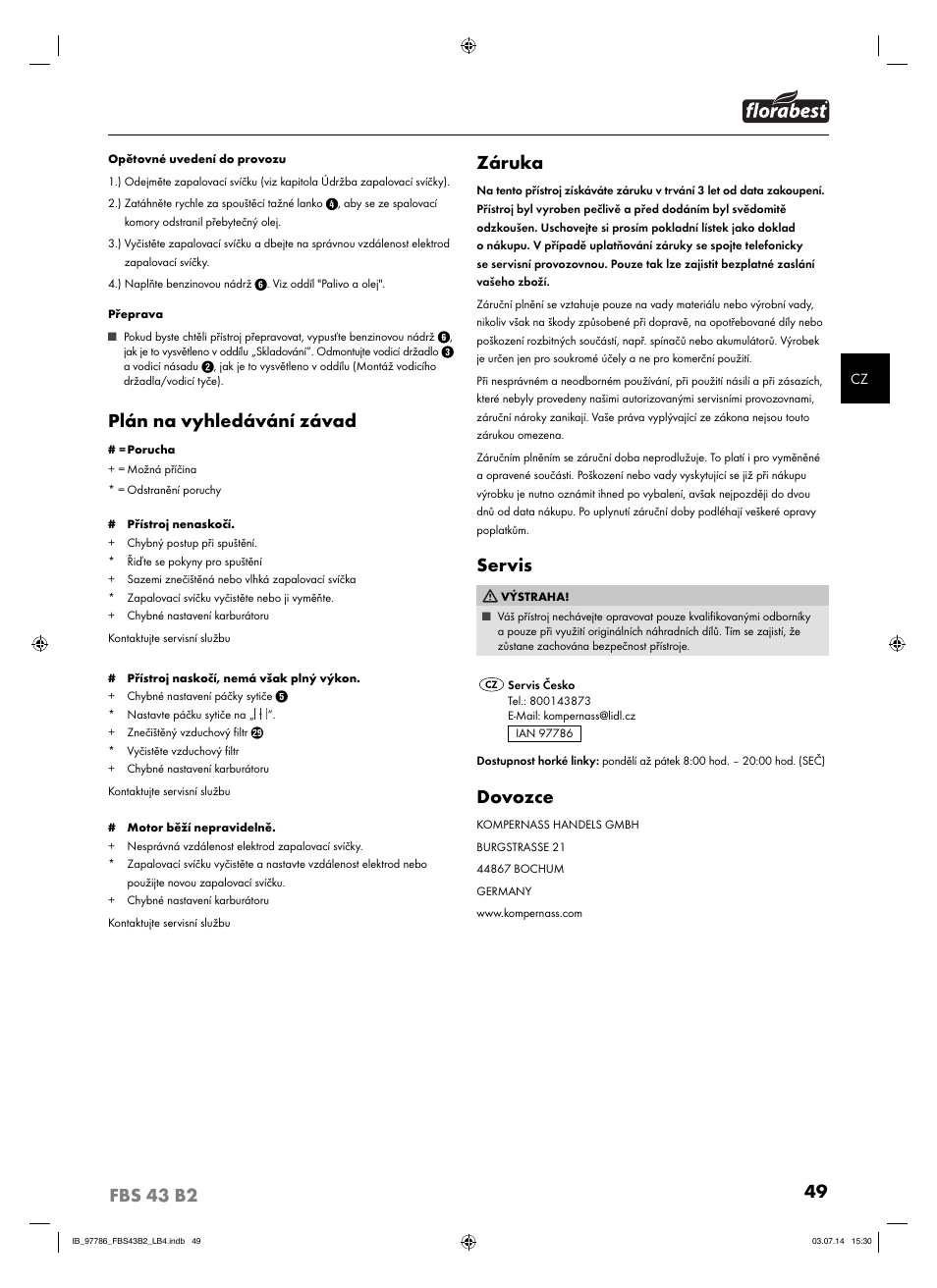 Plán na vyhledávání závad, Záruka, Servis | Dovozce | Florabest FBS 43 B2 User Manual | Page 54 / 76