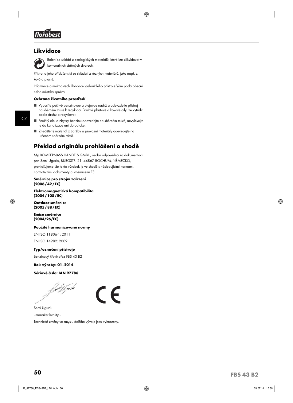 Likvidace, Překlad originálu prohlášení o shodě | Florabest FBS 43 B2 User Manual | Page 55 / 76