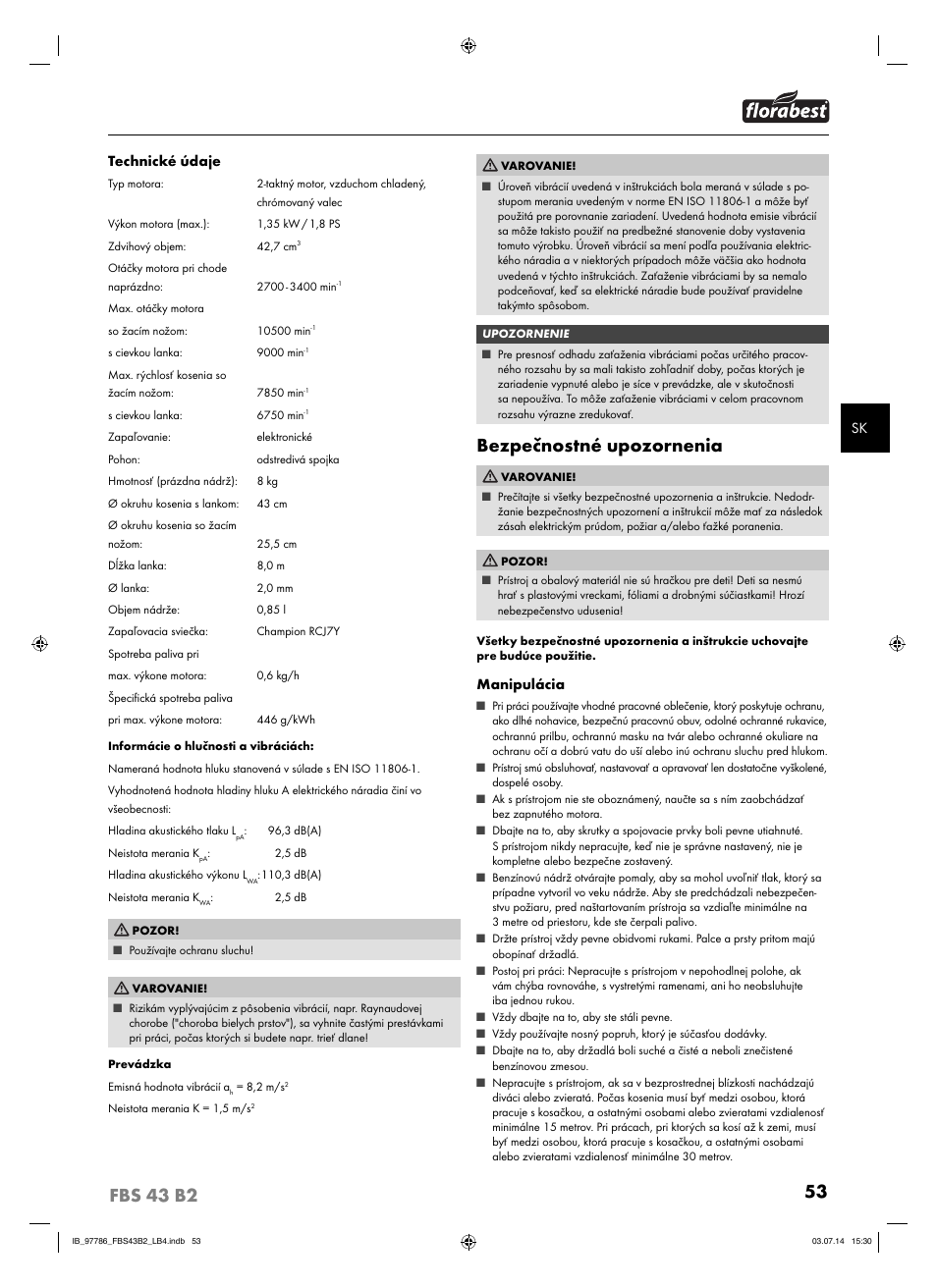 Bezpečnostné upozornenia | Florabest FBS 43 B2 User Manual | Page 58 / 76