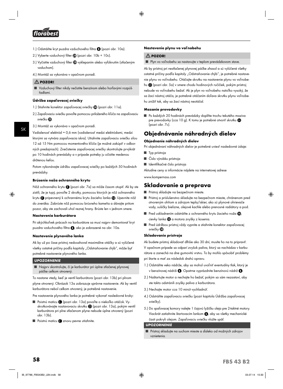 Objednávanie náhradných dielov, Skladovanie a preprava | Florabest FBS 43 B2 User Manual | Page 63 / 76