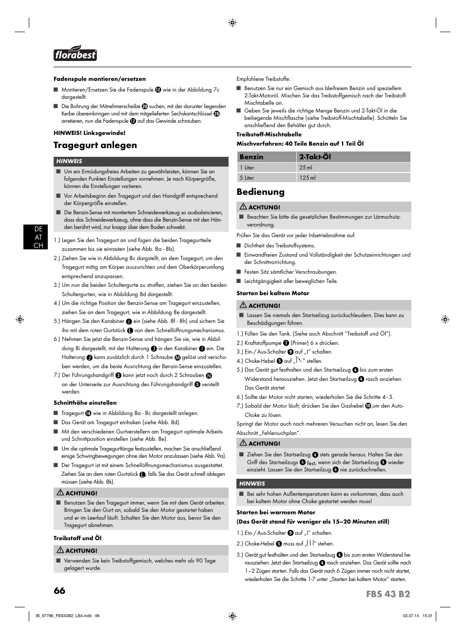 Tragegurt anlegen, Bedienung | Florabest FBS 43 B2 User Manual | Page 71 / 76