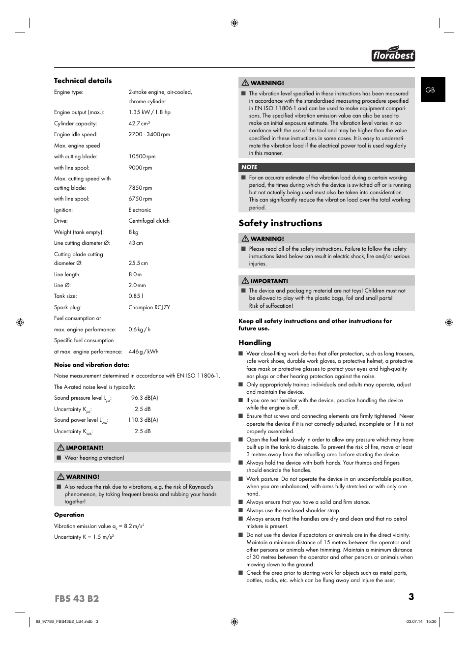 3fbs 43 b2, Safety instructions | Florabest FBS 43 B2 User Manual | Page 8 / 76