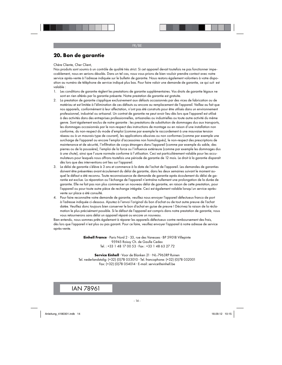 Bon de garantie | Florabest FGPA 1000 A1 User Manual | Page 14 / 46