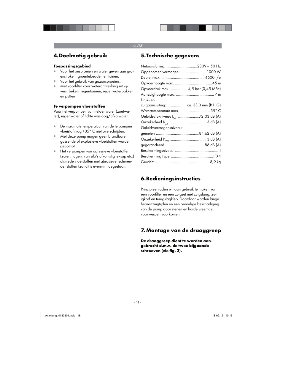 Doelmatig gebruik, Technische gegevens, Bedieningsinstructies | Montage van de draaggreep | Florabest FGPA 1000 A1 User Manual | Page 18 / 46