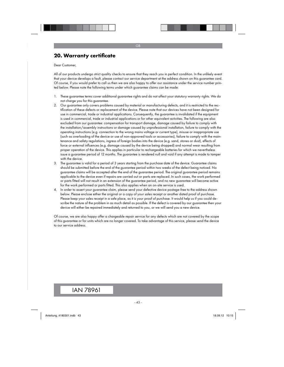 Warranty certiﬁ cate | Florabest FGPA 1000 A1 User Manual | Page 43 / 46