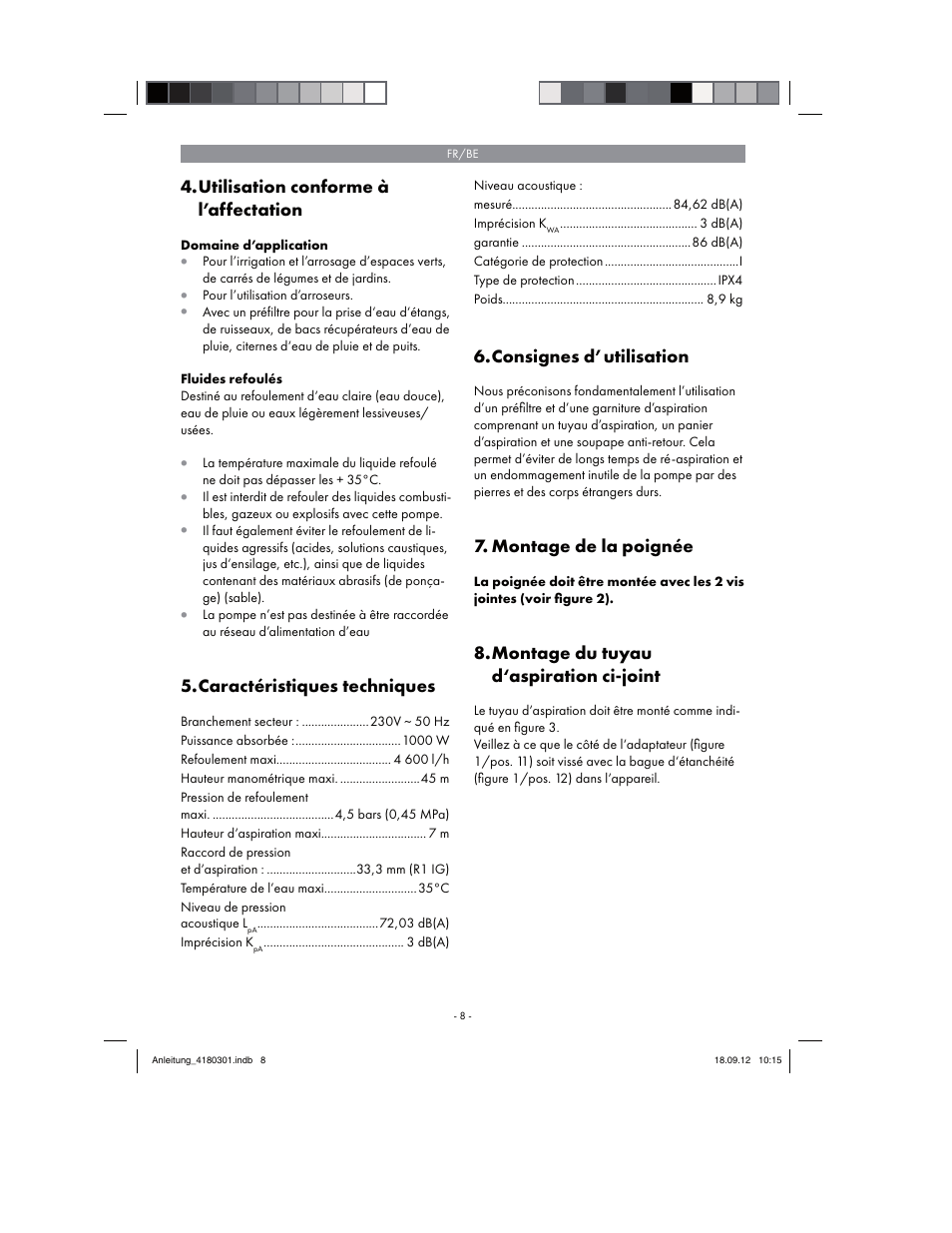 Utilisation conforme à l’affectation, Caractéristiques techniques, Consignes d’utilisation | Montage de la poignée, Montage du tuyau d‘aspiration ci-joint | Florabest FGPA 1000 A1 User Manual | Page 8 / 46