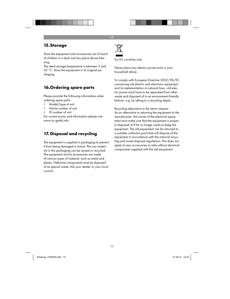 Storage, Ordering spare parts, Disposal and recycling | Florabest FGPA 1000 A1 User Manual | Page 10 / 66