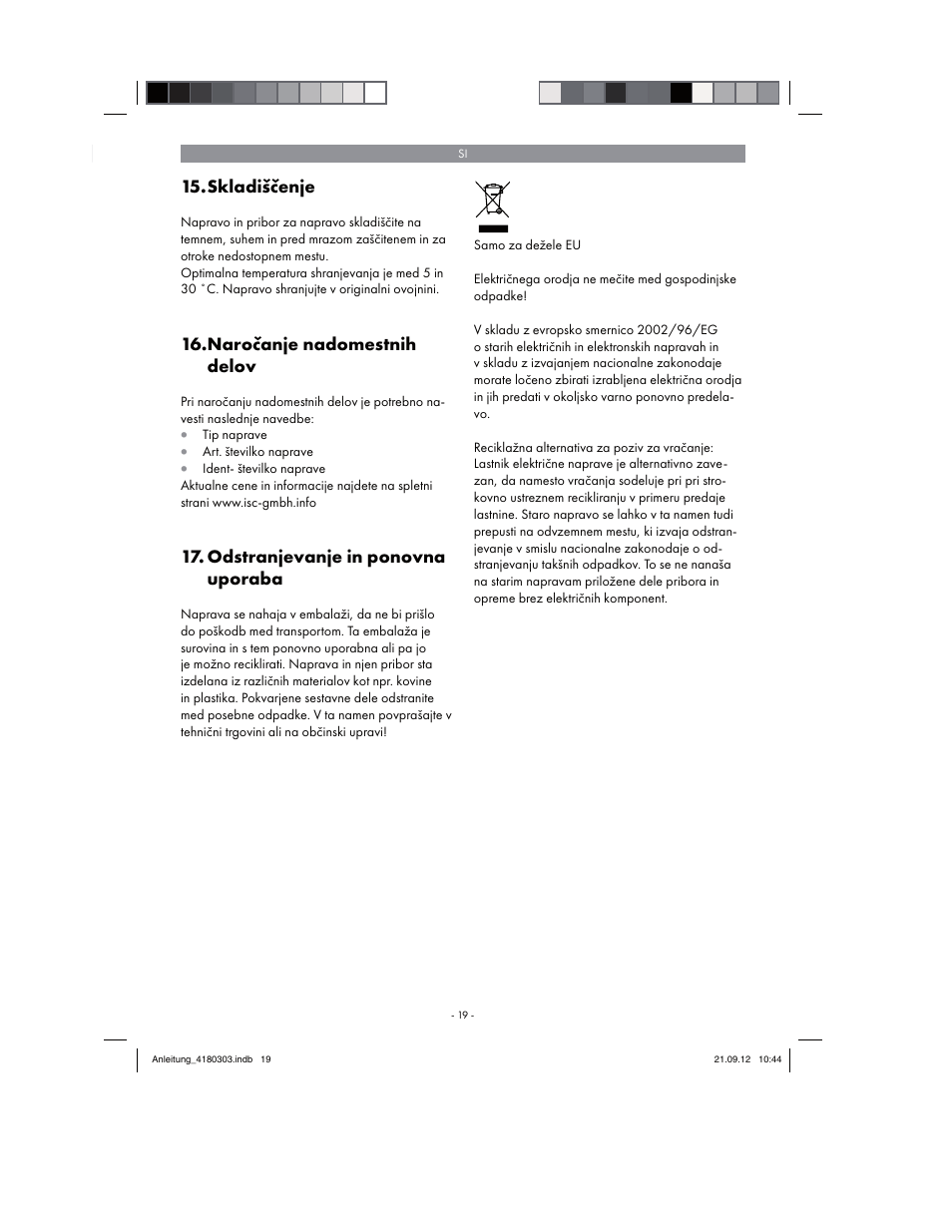Skladiščenje, Naročanje nadomestnih delov, Odstranjevanje in ponovna uporaba | Florabest FGPA 1000 A1 User Manual | Page 19 / 66