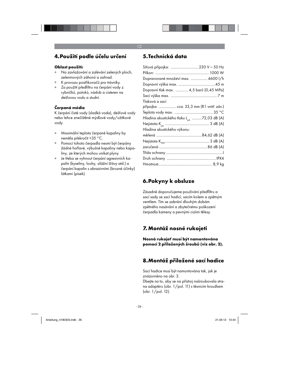 Použití podle účelu určení, Technická data, Pokyny k obsluze | Montáž nosné rukojeti, Montáž přiložené sací hadice | Florabest FGPA 1000 A1 User Manual | Page 26 / 66