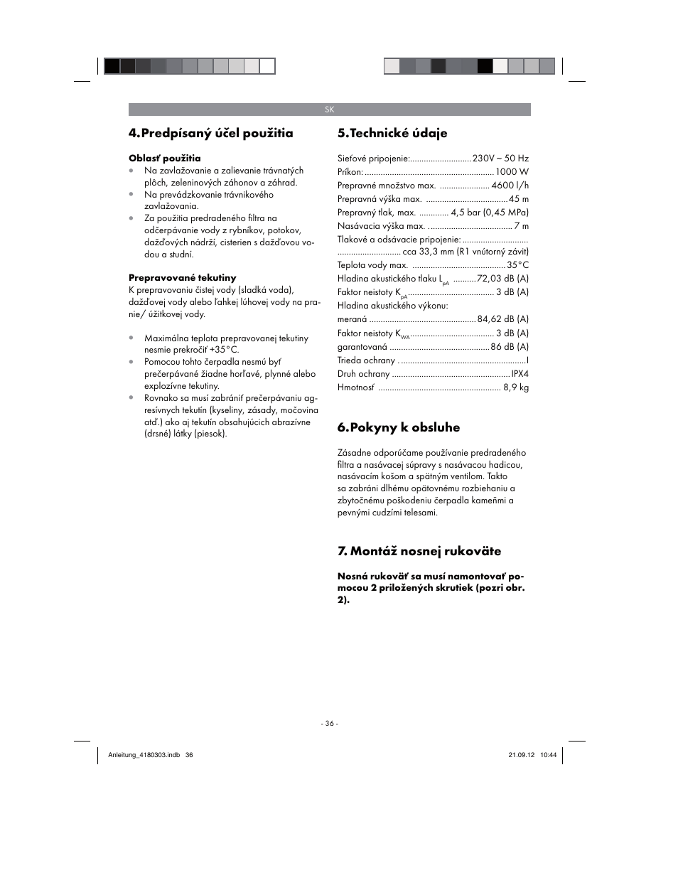 Predpísaný účel použitia, Technické údaje, Pokyny k obsluhe | Montáž nosnej rukoväte | Florabest FGPA 1000 A1 User Manual | Page 36 / 66