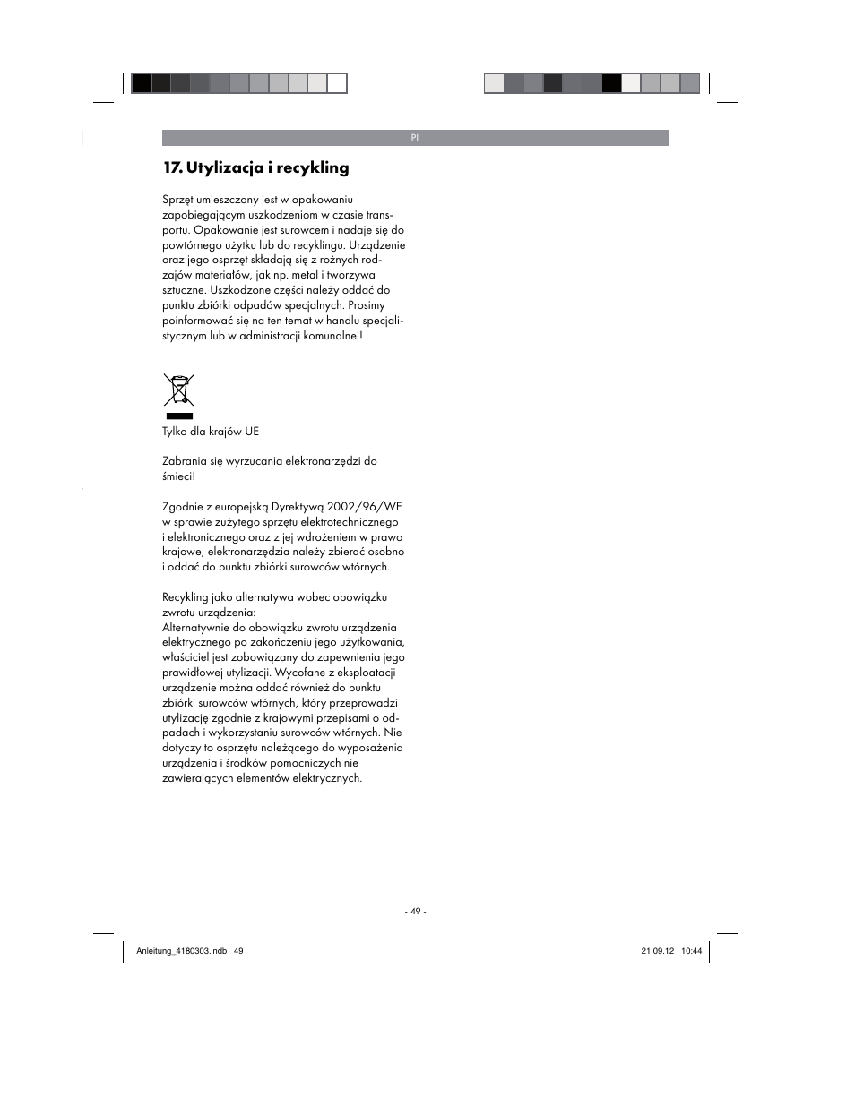 Utylizacja i recykling | Florabest FGPA 1000 A1 User Manual | Page 49 / 66