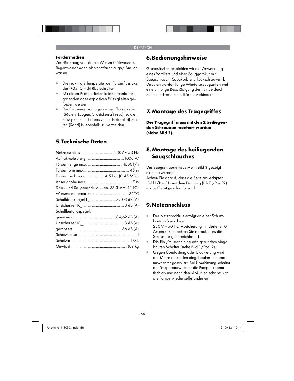 Technische daten, Bedienungshinweise, Montage des tragegriffes | Montage des beiliegenden saugschlauches, Netzanschluss | Florabest FGPA 1000 A1 User Manual | Page 56 / 66