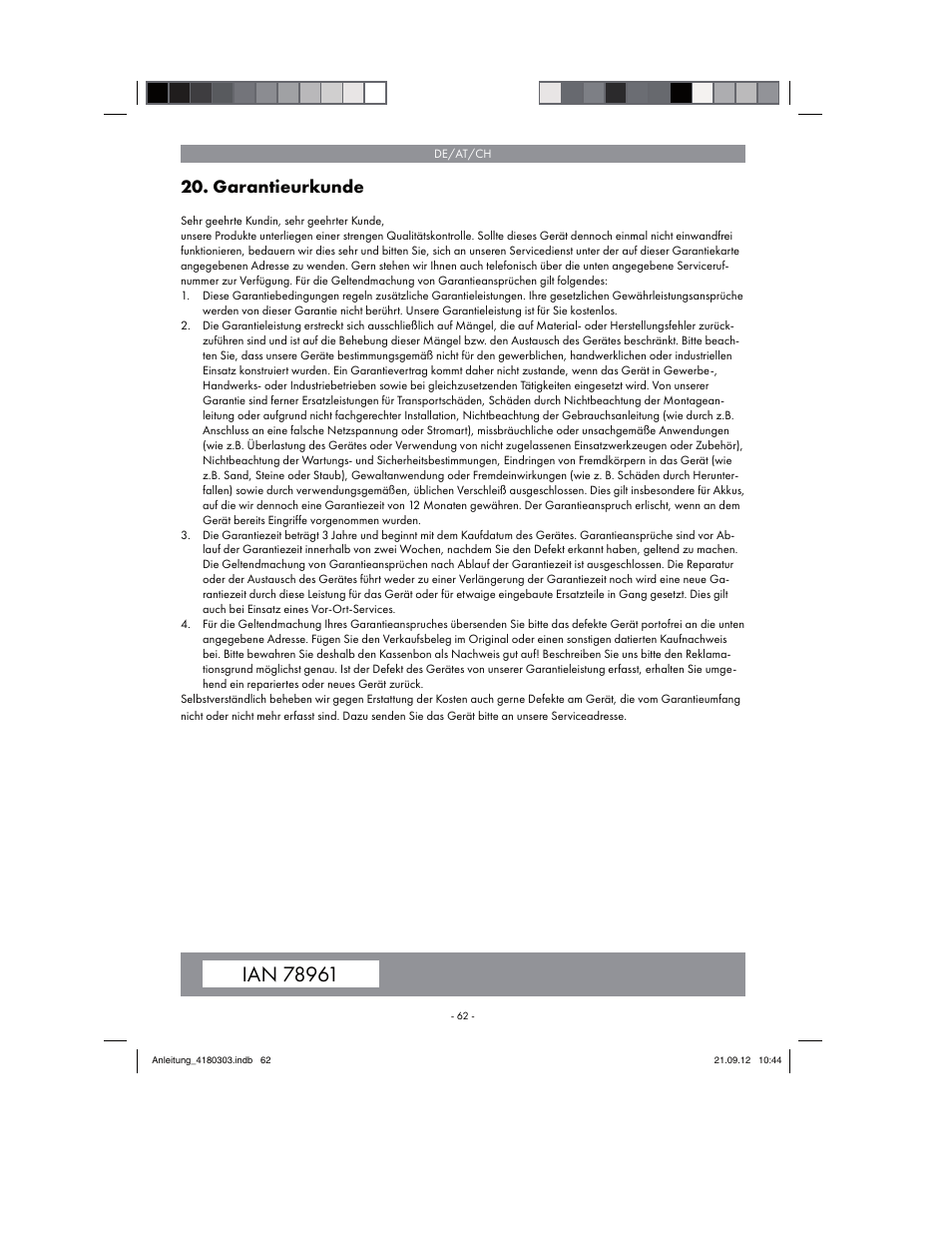 Garantieurkunde | Florabest FGPA 1000 A1 User Manual | Page 62 / 66