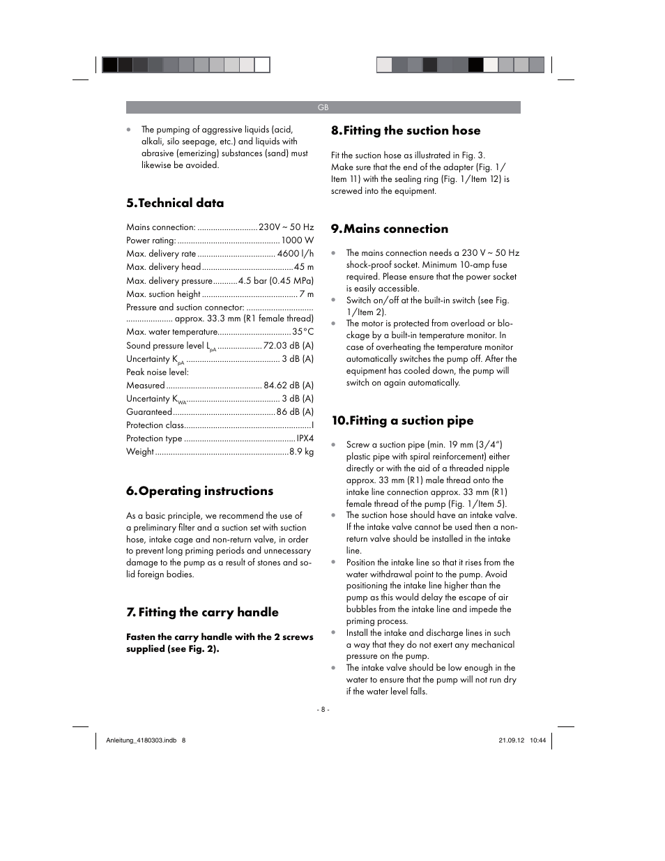Technical data, Operating instructions, Fitting the carry handle | Fitting the suction hose, Mains connection, Fitting a suction pipe | Florabest FGPA 1000 A1 User Manual | Page 8 / 66