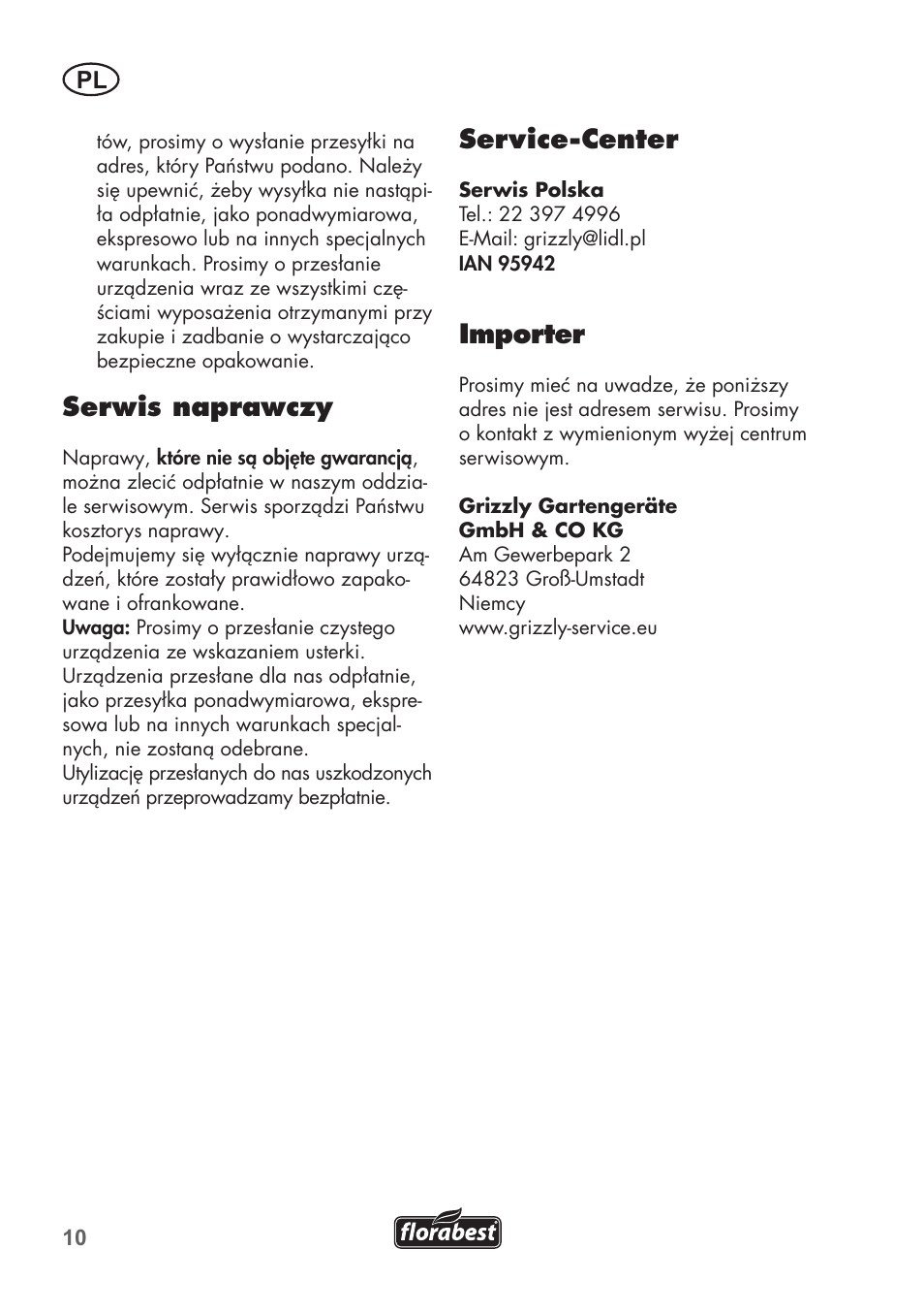 Serwis naprawczy, Service-center, Importer | Florabest FHV 32 A1 User Manual | Page 10 / 24