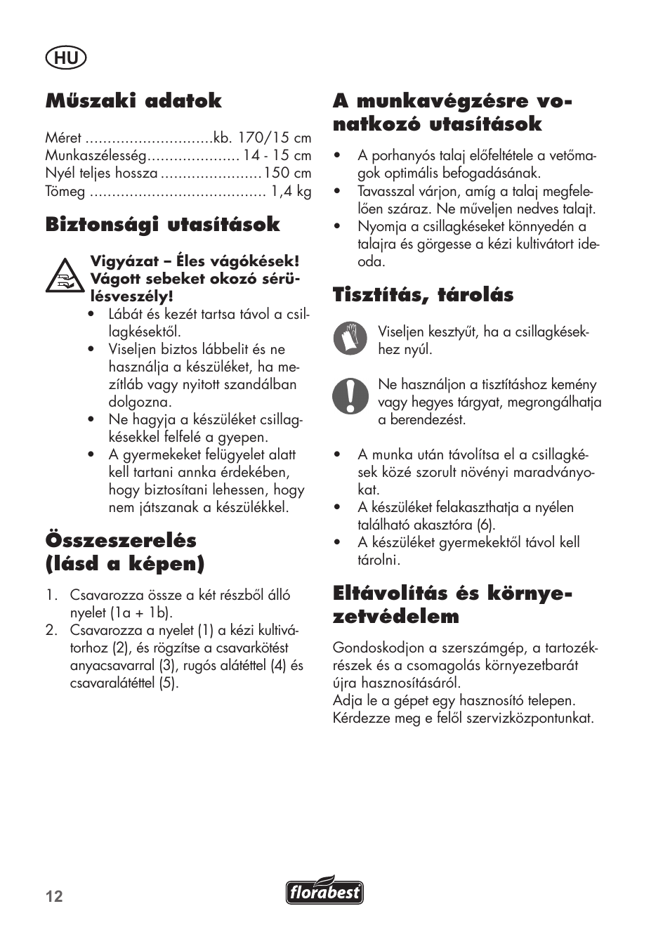 Műszaki adatok, Biztonsági utasítások, Összeszerelés (lásd a képen) | A munkavégzésre vo- natkozó utasítások, Tisztítás, tárolás, Eltávolítás és környe- zetvédelem | Florabest FHV 32 A1 User Manual | Page 12 / 24