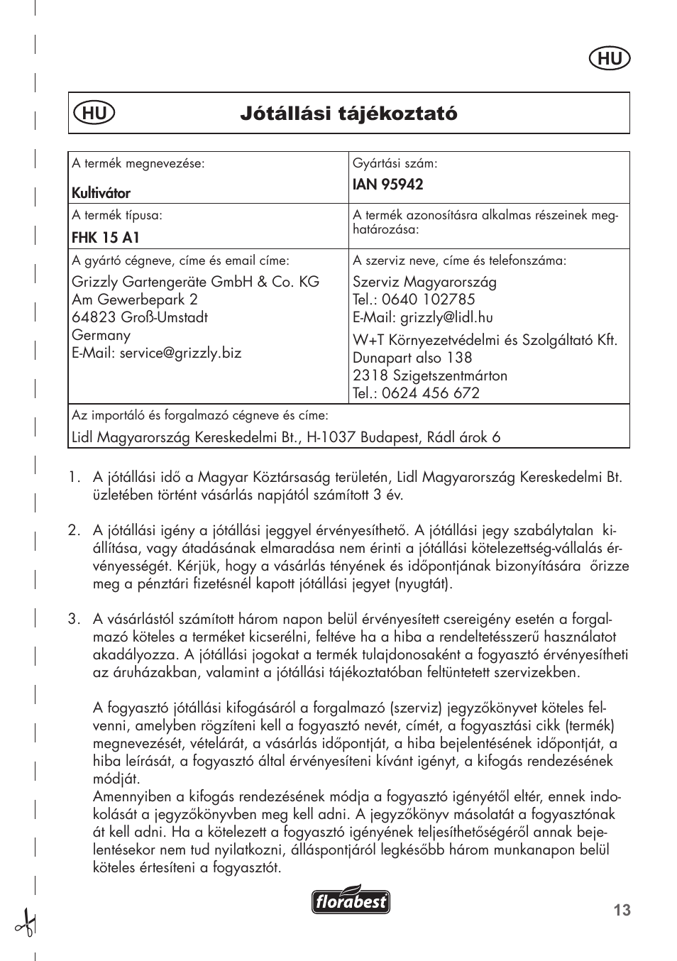 Jótállási tájékoztató | Florabest FHV 32 A1 User Manual | Page 13 / 24