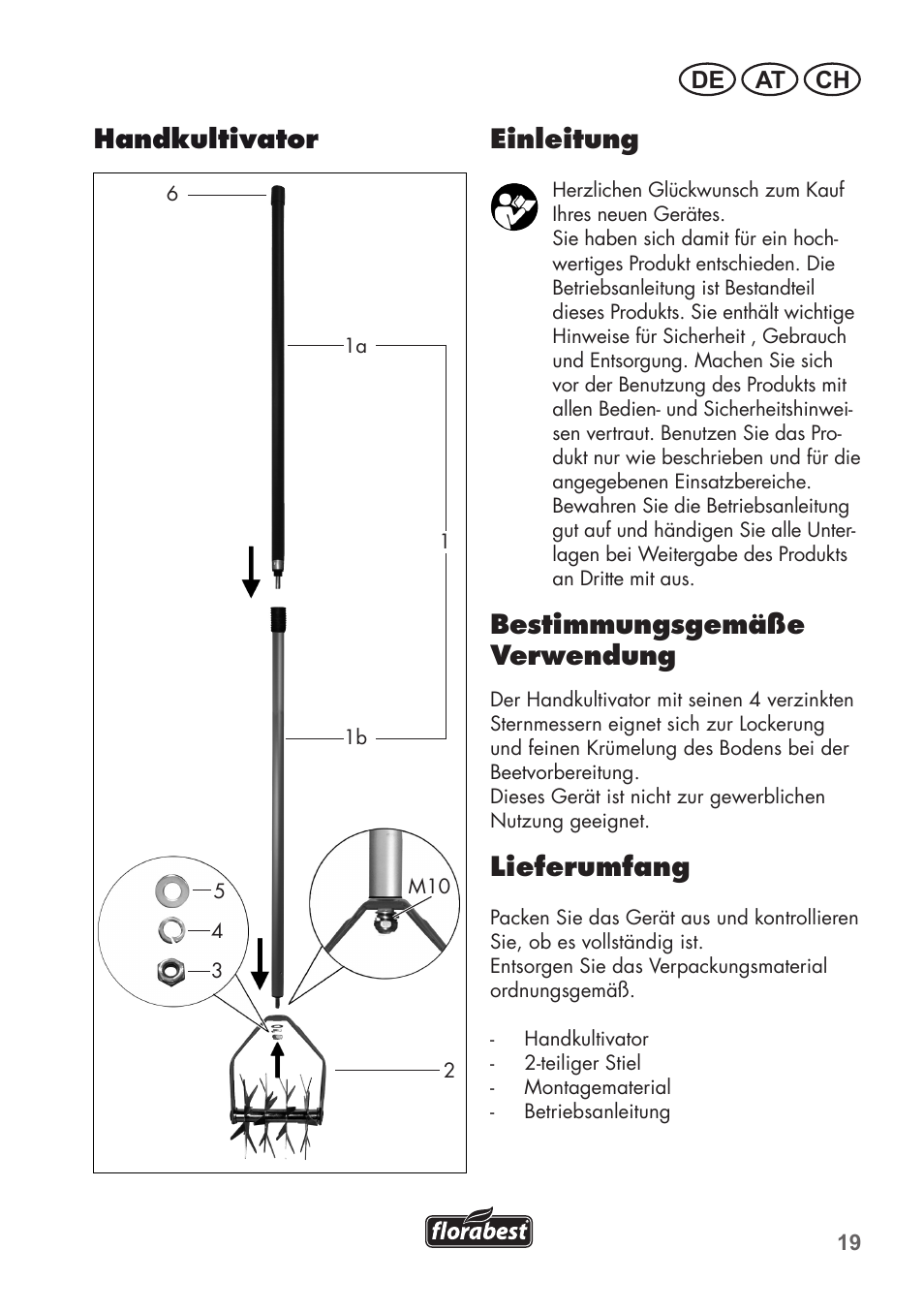 Einleitung, Bestimmungsgemäße verwendung, Lieferumfang | Handkultivator, De at ch | Florabest FHV 32 A1 User Manual | Page 19 / 24