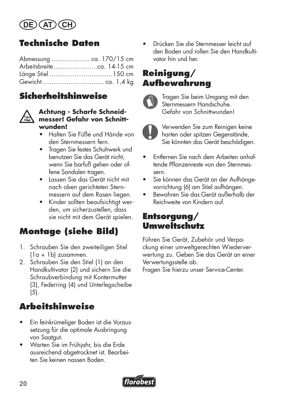 Technische daten, Sicherheitshinweise, Montage (siehe bild) | Arbeitshinweise, Reinigung/ aufbewahrung, Entsorgung/ umweltschutz, De at ch | Florabest FHV 32 A1 User Manual | Page 20 / 24