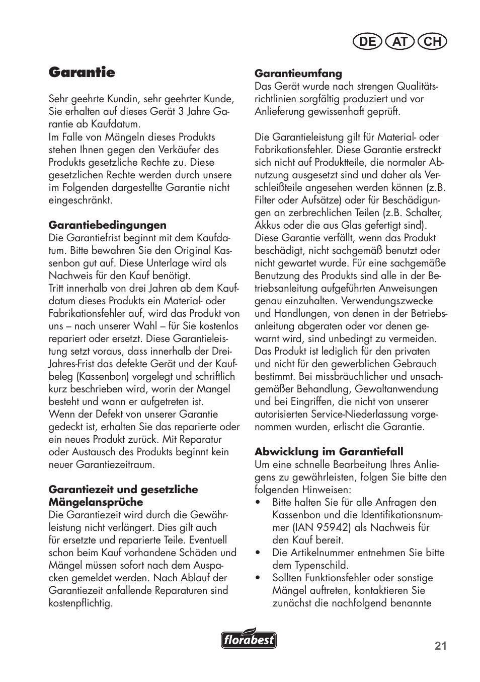 Garantie, De at ch | Florabest FHV 32 A1 User Manual | Page 21 / 24