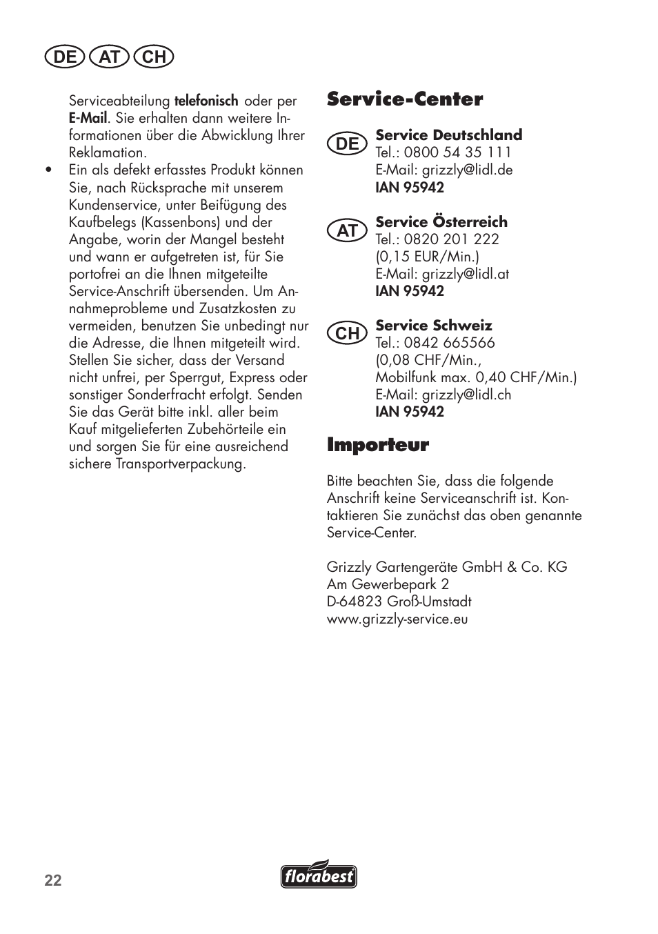 Service-center, Importeur, De at ch | Florabest FHV 32 A1 User Manual | Page 22 / 24