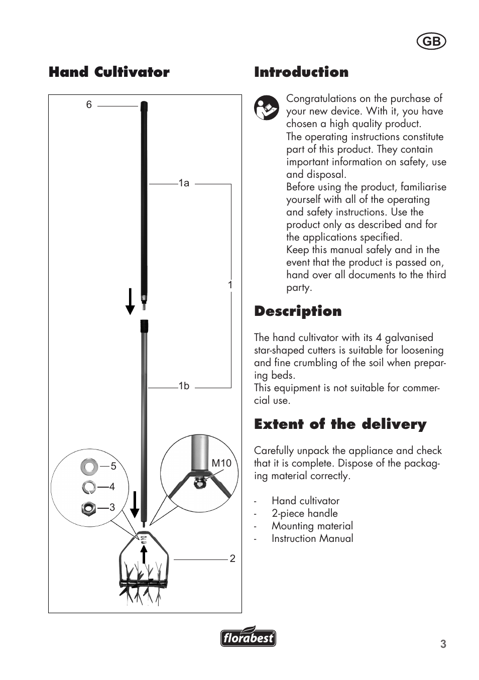 Buchcb4_fhk15a1_95942, Introduction, Description | Extent of the delivery, Hand cultivator | Florabest FHV 32 A1 User Manual | Page 3 / 24