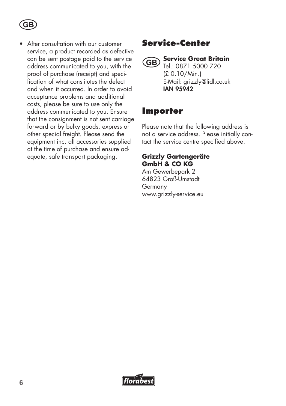 Service-center, Importer | Florabest FHV 32 A1 User Manual | Page 6 / 24