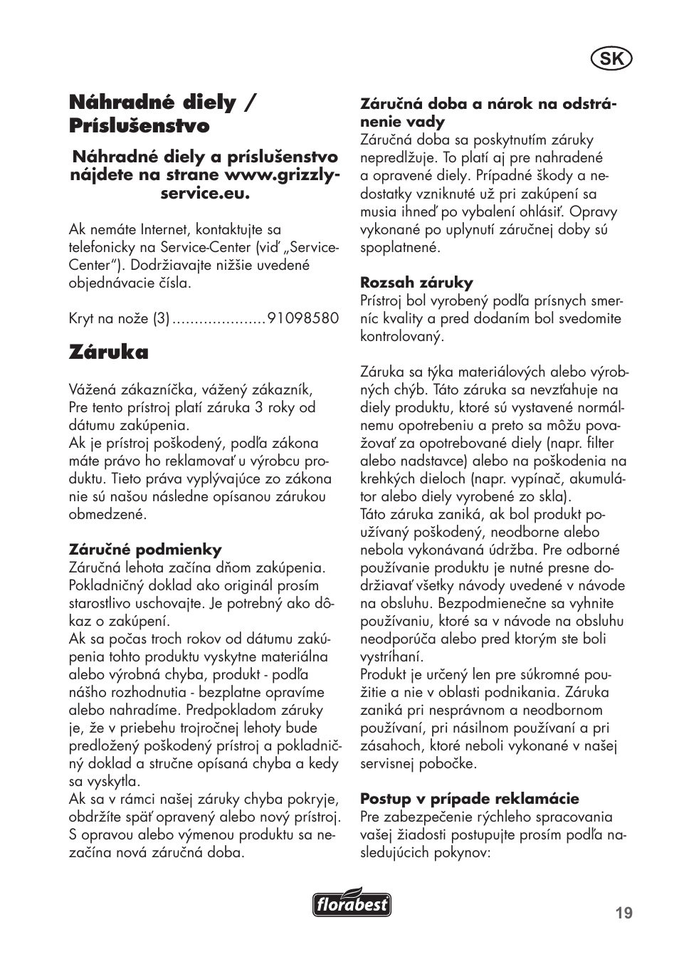 Náhradné diely / príslušenstvo, Záruka | Florabest FHK 15 A1 User Manual | Page 19 / 28
