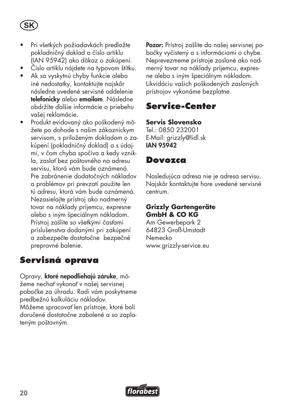 Servisná oprava, Service-center, Dovozca | Florabest FHK 15 A1 User Manual | Page 20 / 28
