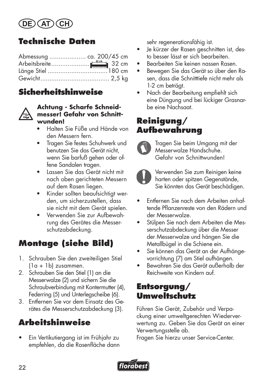Technische daten, Sicherheitshinweise, Montage (siehe bild) | Arbeitshinweise, Reinigung/ aufbewahrung, Entsorgung/ umweltschutz, De at ch | Florabest FHK 15 A1 User Manual | Page 22 / 28