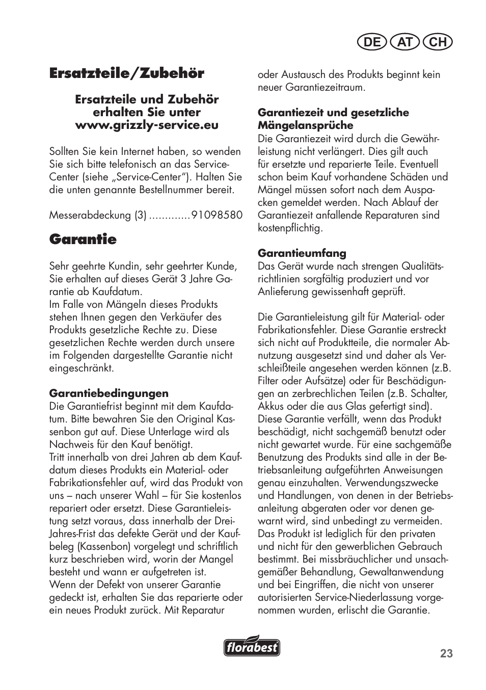 Ersatzteile/zubehör, Garantie, De at ch | Florabest FHK 15 A1 User Manual | Page 23 / 28