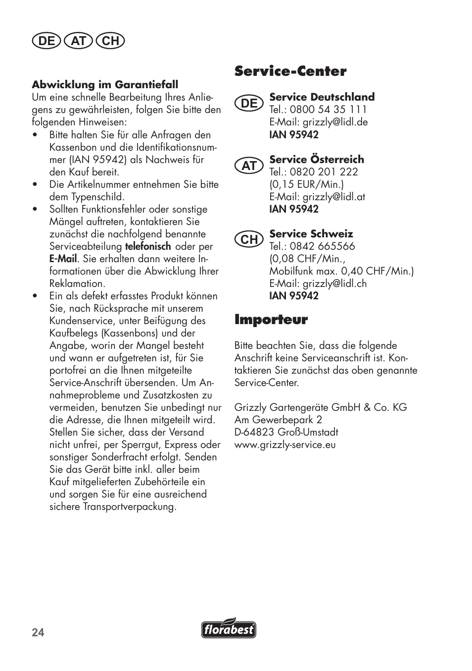 Service-center, Importeur, De at ch | Florabest FHK 15 A1 User Manual | Page 24 / 28