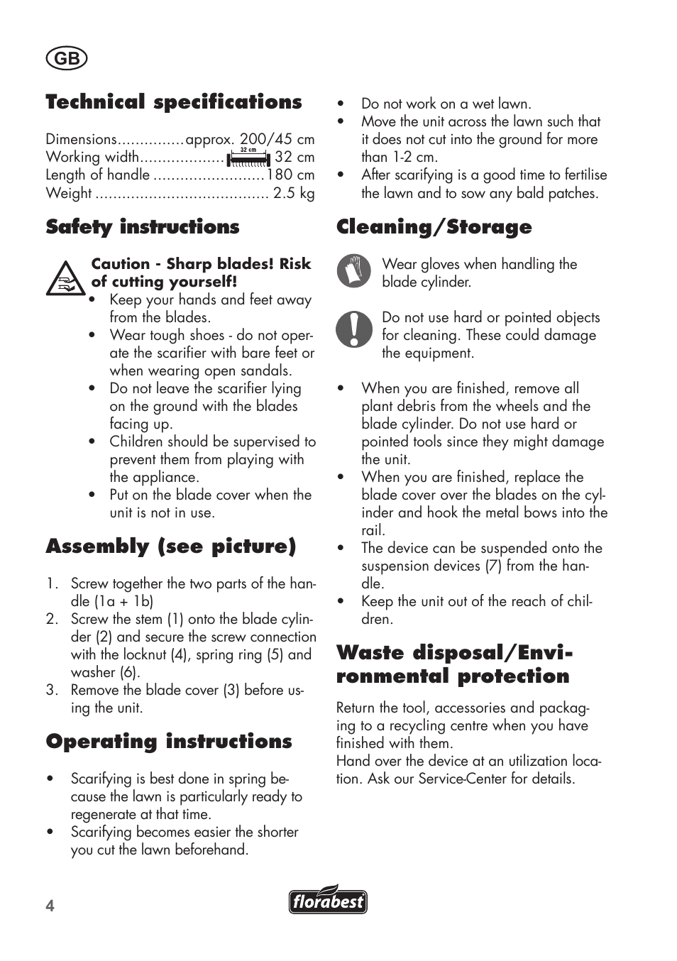 Technical specifications, Safety instructions, Assembly (see picture) | Operating instructions, Cleaning/storage, Waste disposal/envi- ronmental protection | Florabest FHK 15 A1 User Manual | Page 4 / 28