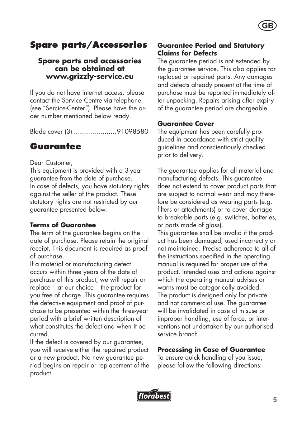 Spare parts/accessories, Guarantee | Florabest FHK 15 A1 User Manual | Page 5 / 28